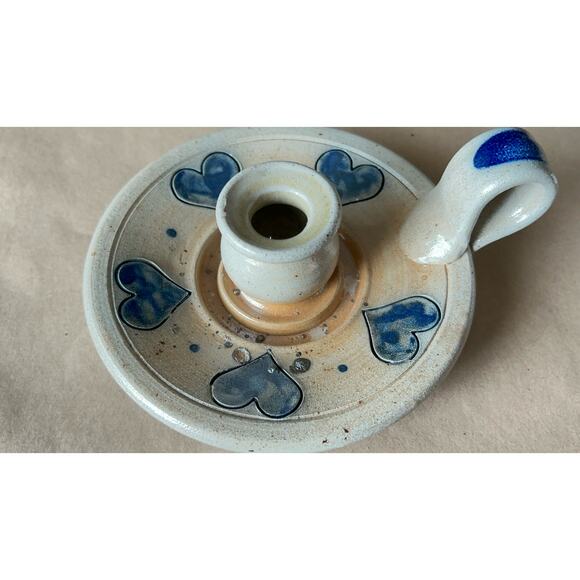 Rowe Pottery Chamber Candle Holder Blue Hearts and Beeswax Candles Countrycore - Picture 7 of 11